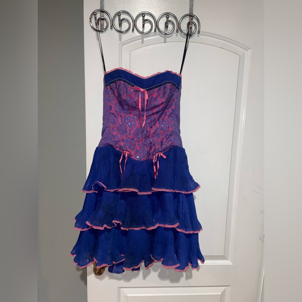 Y2K Vintage Betsey Johnson Strapless Corset Ruffle Pink Blue Lace Cupcake Mini 💘 - Picture 4 of 15